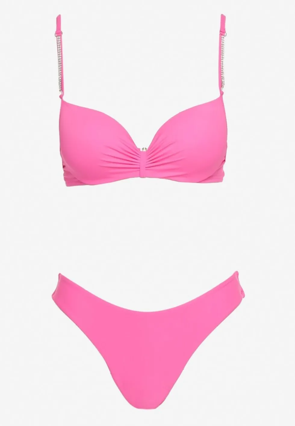 Różowe Bikini Usztywniany Biustonosz z Cyrkoniami i Spodenki Kąpielowe Wykończone Gumką w Pasie Rilamia