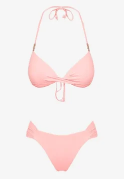 Różowe Bikini Wiązany Biustonosz Push Up i Majtki Typu Figi Mirisenia