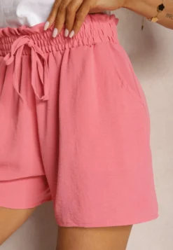Różowe Casualowe Szorty Bermudy High Waist Wykończone Gumką w Pasie Otanea