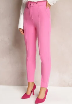 Różowe Dopasowane Spodnie Garniturowe High Waist z Paskiem w Talii Ozdobionym Klamrą Binah
