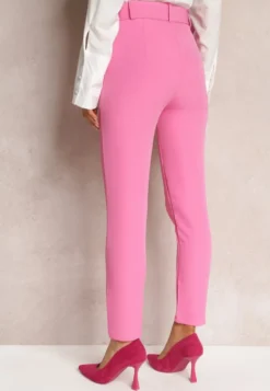Różowe Dopasowane Spodnie Garniturowe High Waist z Paskiem w Talii Ozdobionym Klamrą Binah