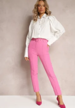 Różowe Dopasowane Spodnie Garniturowe High Waist z Paskiem w Talii Ozdobionym Klamrą Binah