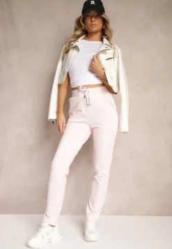 Różowe Dresowe Spodnie z Gumką w Pasie High Waist z Cyrkoniami Bravur