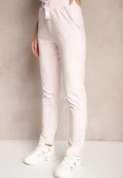 Różowe Dresowe Spodnie z Gumką w Pasie High Waist z Cyrkoniami Bravur