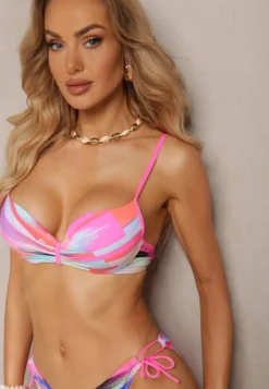 Różowe Dwuczęściowe Bikini Biustonosz na Regulowanych Ramiączkach i Majtki Wiązane po Bokach z Możliwością Regulacji Evemarie