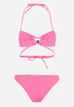 Różowe Dwuczęściowe Bikini Wiązane na Szyi z Głębokim Wycięciem Magdalena