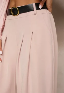 Różowe Eleganckie Szerokie Spodnie Garniturowe z Wiskozą Ozdobione Paskiem Ravinae