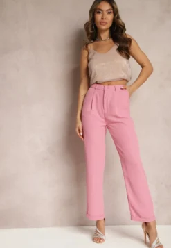 Różowe Klasyczne Spodnie High Waist Zapinane na Zamek Błyskawiczny Xalona