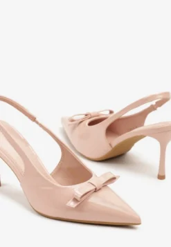 Różowe Lakierowane Sandały Szpilki Vices Typu Slingback z Kokardą Dorozia