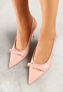 Różowe Lakierowane Sandały Szpilki Vices Typu Slingback z Kokardą Dorozia