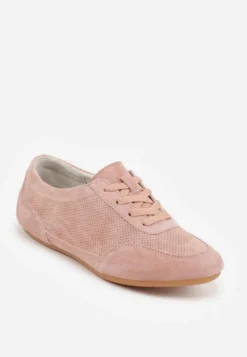 Różowe Minimalistyczne Sneakersy Zamszowe ze Skórzaną Wkładką i Perforacją Zaehlisa