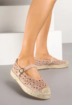 Różowe Płaskie Espadryle z Plecionką i Ażurową Cholewką Aralithra