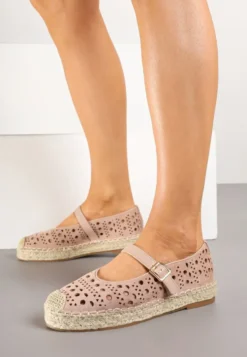 Różowe Płaskie Espadryle z Plecionką i Ażurową Cholewką Aralithra