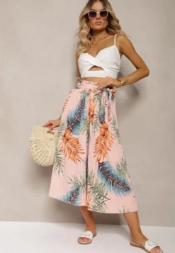 Różowe Plisowane Spodnie z Szerokimi Nogawkami High Waist z Gumką w Talii Alfia