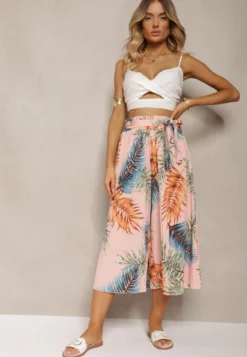 Różowe Plisowane Spodnie z Szerokimi Nogawkami High Waist z Gumką w Talii Alfia