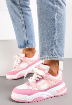 Różowe Sneakersy na Grubej Podeszwie z Szerokim Wiązaniem Iniestra
