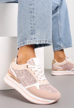 Różowe Sneakersy na Grubej Podeszwie z Brokatem i Metaliczną Wstawką Velari