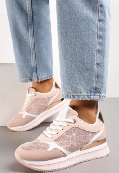 Różowe Sneakersy na Grubej Podeszwie z Brokatem i Metaliczną Wstawką Velari