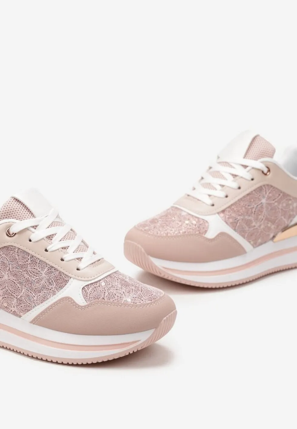 Różowe Sneakersy na Grubej Podeszwie z Brokatem i Metaliczną Wstawką Velari