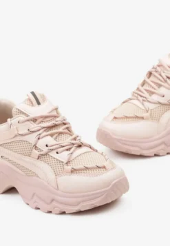 Różowe Sneakersy na Masywnej Podeszwie z Siateczkowym Wstawkami i Ozdobnymi Sznurówkami Ollavia