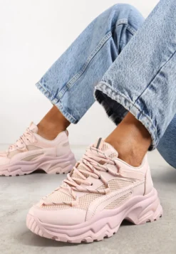 Różowe Sneakersy na Masywnej Podeszwie z Siateczkowym Wstawkami i Ozdobnymi Sznurówkami Ollavia