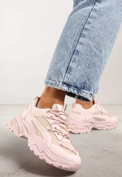 Różowe Sneakersy na Masywnej Podeszwie z Siateczkowym Wstawkami i Ozdobnymi Sznurówkami Ollavia