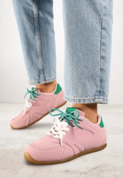 Różowe Sneakersy Ozdobione Przeszyciami i Podwójnym Sznurowaniem Telisaria
