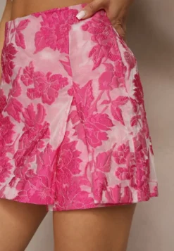 Różowe Spódnico-Szorty High Waist w Kwiatowy Wzór Rediline