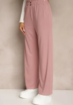 Różowe Spodnie High Waist o Fasonie Paper Bag z Gumką w Talii Lunalitia