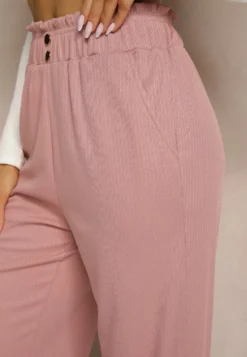 Różowe Spodnie High Waist o Fasonie Paper Bag z Gumką w Talii Lunalitia