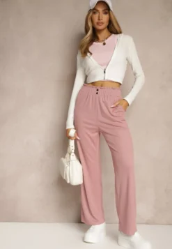 Różowe Spodnie High Waist o Fasonie Paper Bag z Gumką w Talii Lunalitia