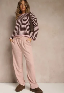 Różowe Spodnie High Waist z Gumką i Troczkami w Pasie Rallena