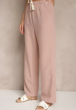 Różowe Spodnie High Waist z Szeroką Nogawką i Gumką w Pasie Mirarena