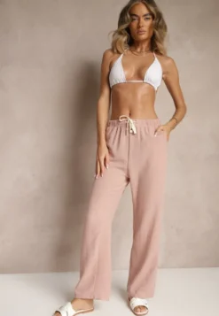 Różowe Spodnie High Waist z Szeroką Nogawką i Gumką w Pasie Mirarena