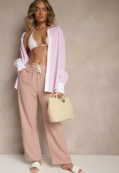 Różowe Spodnie High Waist z Szeroką Nogawką i Gumką w Pasie Mirarena