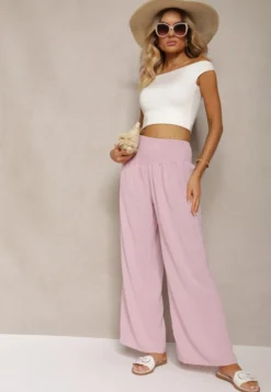 Różowe Spodnie Kuloty High Waist z Gumką w Talii Lipadre