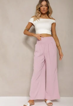 Różowe Spodnie Kuloty High Waist z Gumką w Talii Lipadre