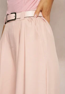 Różowe Spodnie Palazzo High Waist z Szerokimi Nogawkami i Paskiem z Metalową Klamrą Oinna