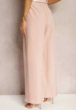 Różowe Spodnie Palazzo High Waist z Szerokimi Nogawkami i Paskiem z Metalową Klamrą Oinna