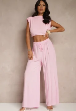 Różowe Szerokie Spodnie High Waist z Gumką w Talii Ilnena