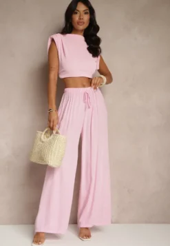 Różowe Szerokie Spodnie High Waist z Gumką w Talii Ilnena