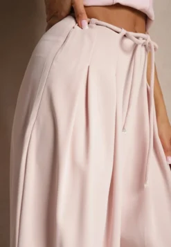 Różowe Szerokie Spodnie High Waist Zapinane na Suwak z Wiązaniem w Talii Vikonnia