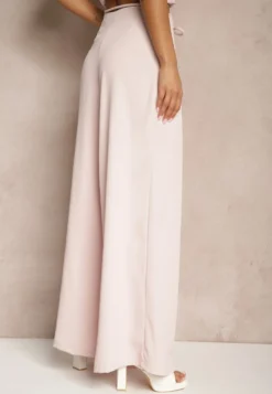 Różowe Szerokie Spodnie High Waist Zapinane na Suwak z Wiązaniem w Talii Vikonnia