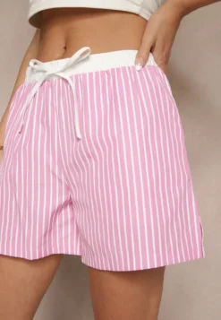 Różowe Szorty High Waist Ozdobione Sznurkami i Paskami Kinthea