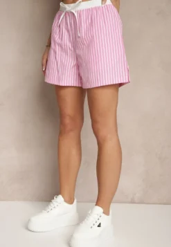 Różowe Szorty High Waist Ozdobione Sznurkami i Paskami Kinthea