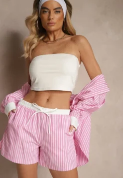 Różowe Szorty High Waist Ozdobione Sznurkami i Paskami Kinthea