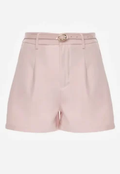 Różowe Szorty High Waist w Eleganckim Stylu z Cienkim Paskiem ze Sprzączką Rissarie