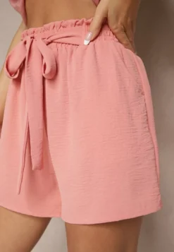 Różowe Szorty High Waist z Ozdobnym Wiązaniem i Gumką w Pasie Mevalena