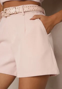 Różowe Szorty High Waist z Paskiem Linave