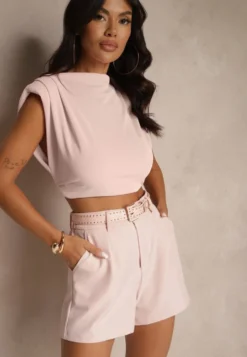 Różowe Szorty High Waist z Paskiem Linave